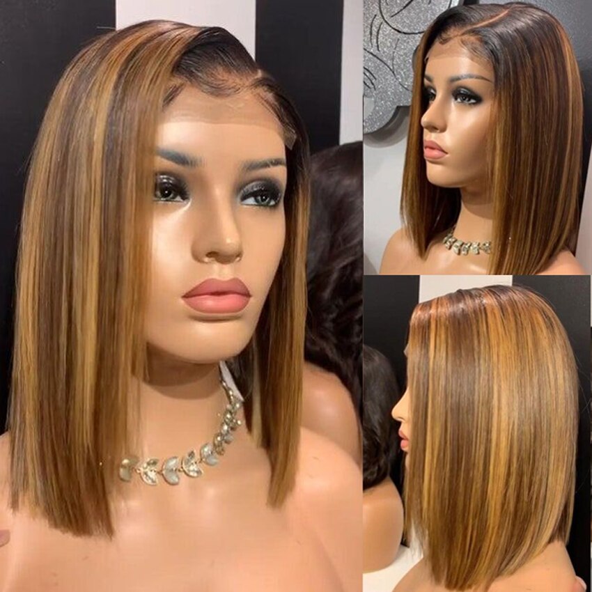 Honey Blonde Ombre Highlight Straight Short Bob Wig Transparent Lace Frontal Human Hair Wigs