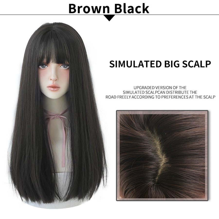 Light Brown Long Straight Synthetic Wigs With Bang