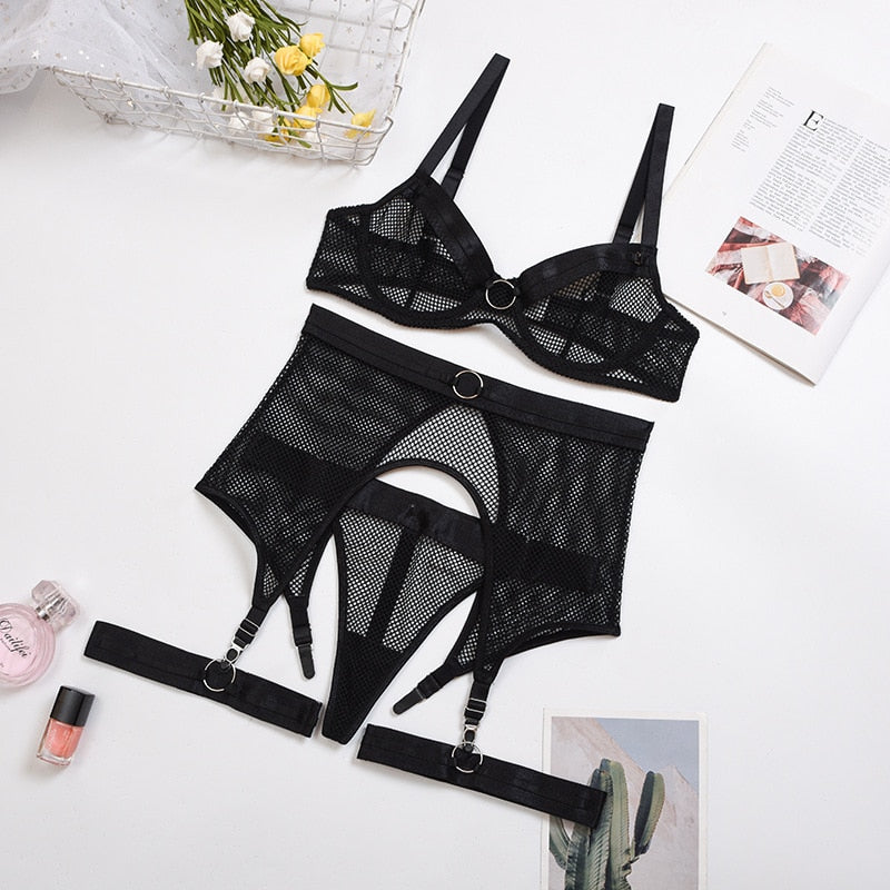 4-Piece Mesh Bra Set Women Transparent Ring Sexy Underwear Set Underwire Ladies Lingerie Set with Garter Belt