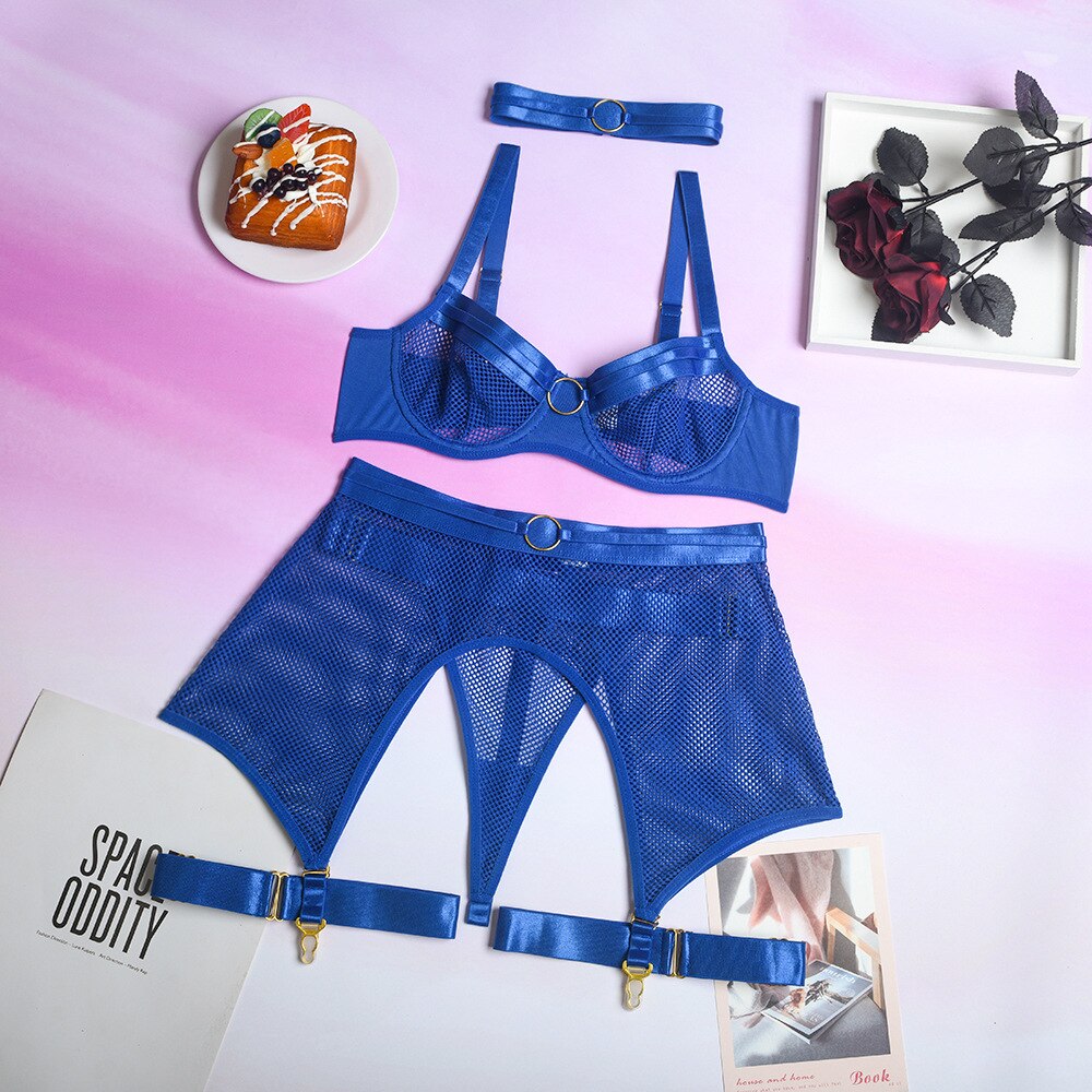 4-Piece Mesh Bra Set Women Transparent Ring Sexy Underwear Set Underwire Ladies Lingerie Set with Garter Belt