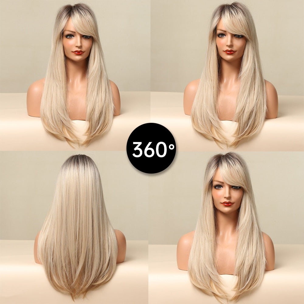 Ombre Brown Blonde Long Straight Wavy Synthetic Wigs