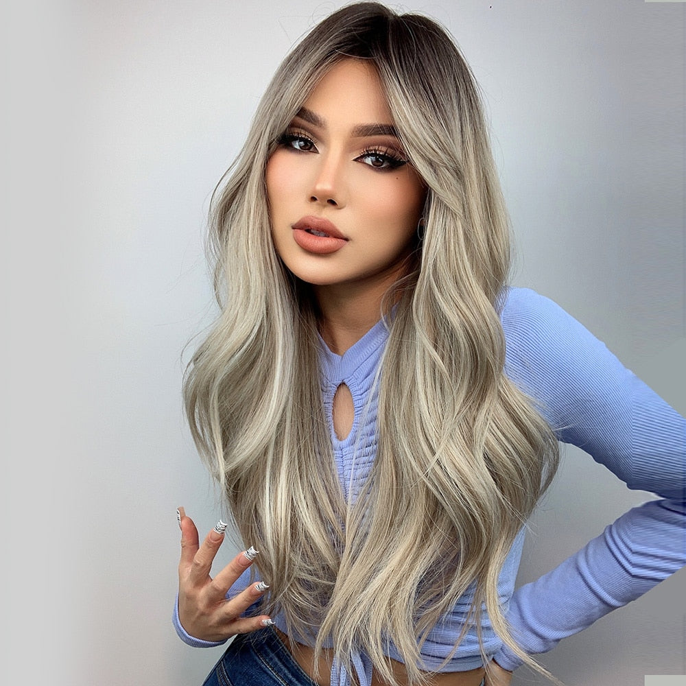 Long Wavy Ash Grey Ombre Synthetic Wig