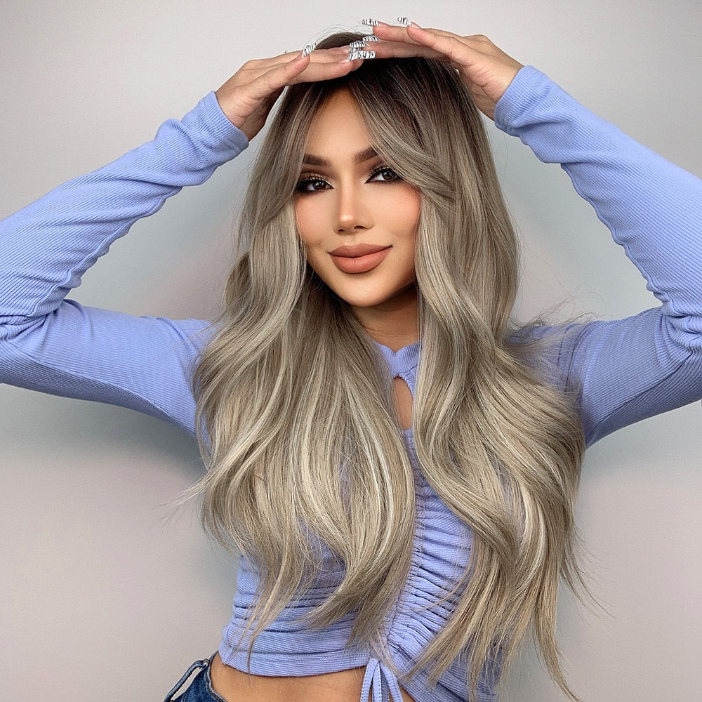 Long Wavy Ash Grey Ombre Synthetic Wig