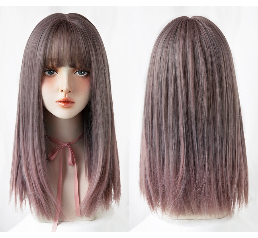 Light Brown Long Straight Synthetic Wigs With Bang