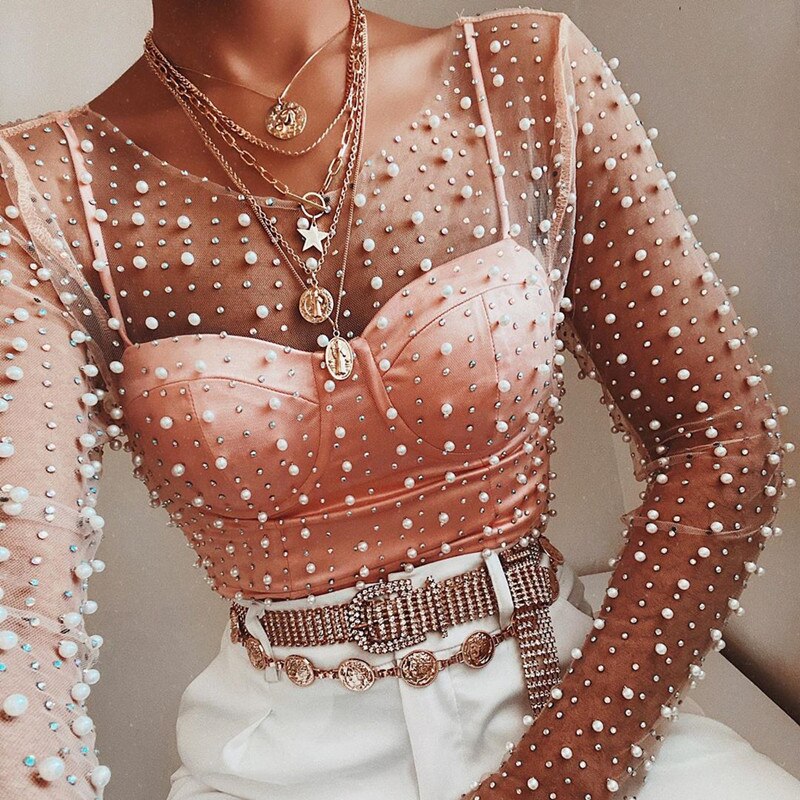 Pearl Top Women Mesh Top 2022 Spring Ladies Long Sleeve Transparent Sexy Top Cover Up Clubwear