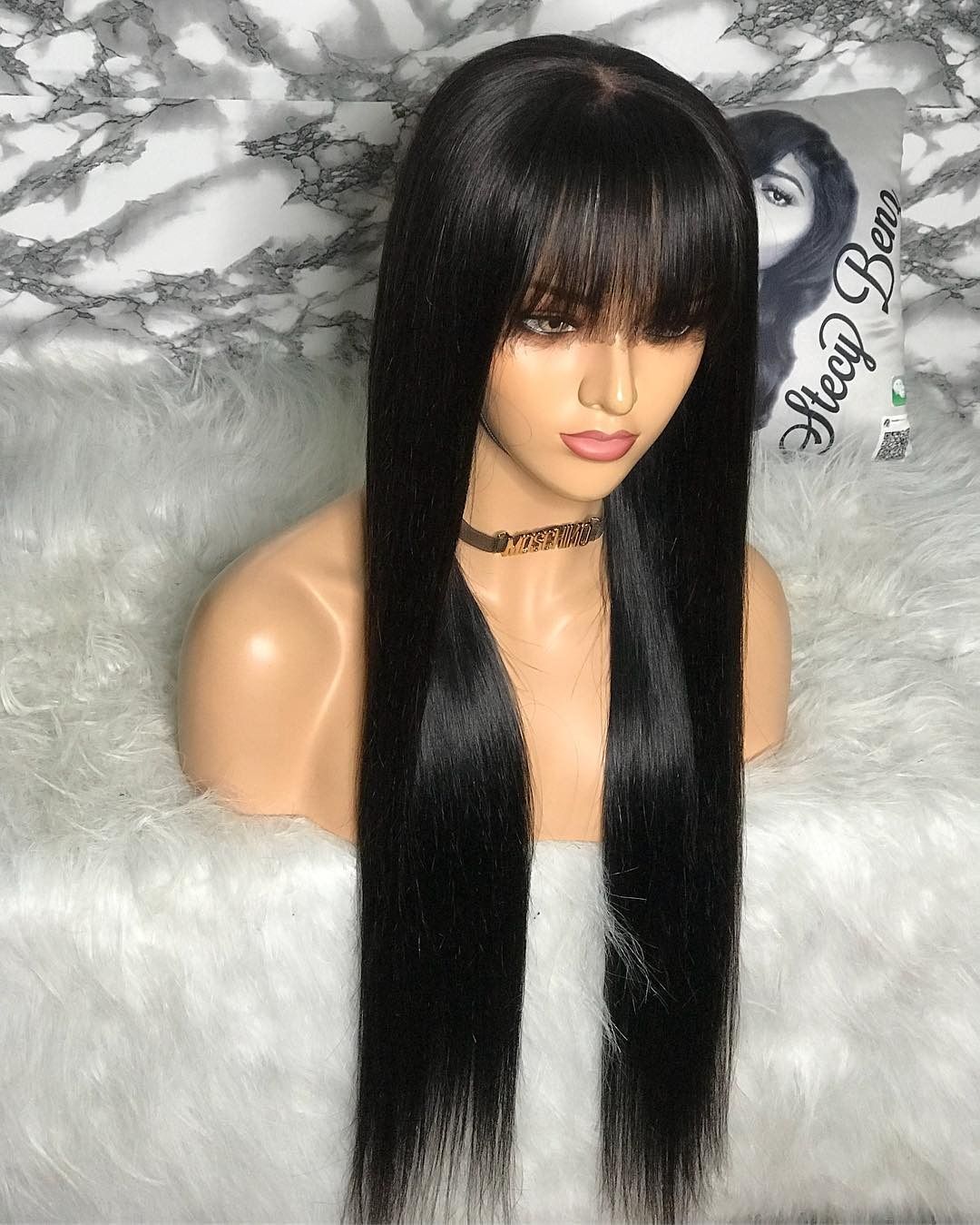 100% Human Hair8 Inches to 30 Inches Long Straight Black Hair Wig With Bangs