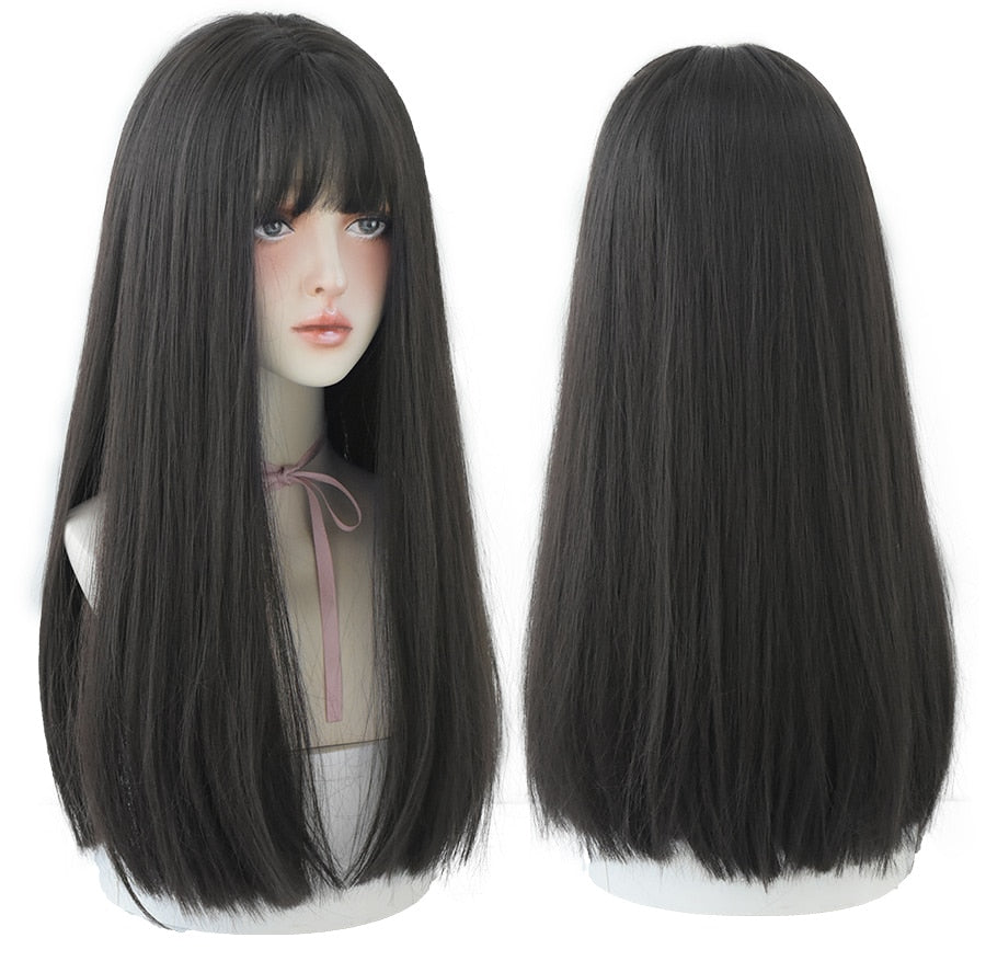 Light Brown Long Straight Synthetic Wigs With Bang