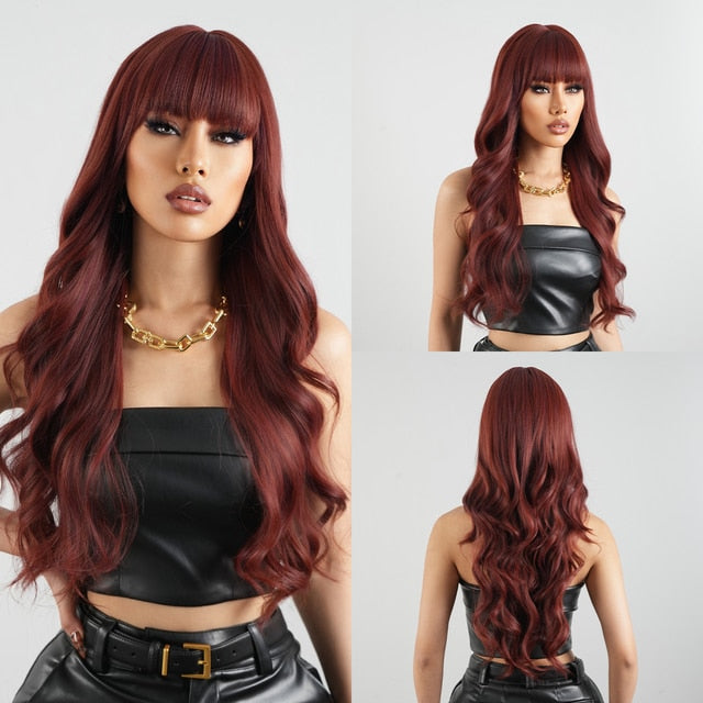 Dark Ombre Wine Red Brown Synthetic Long Wavy Wigs with Bangs