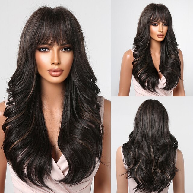 Dark Ombre Wine Red Brown Synthetic Long Wavy Wigs with Bangs