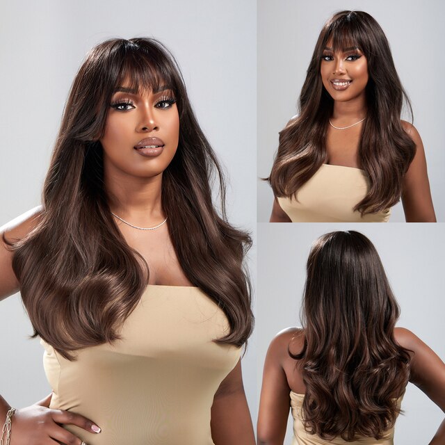 Dark Ombre Wine Red Brown Synthetic Long Wavy Wigs with Bangs