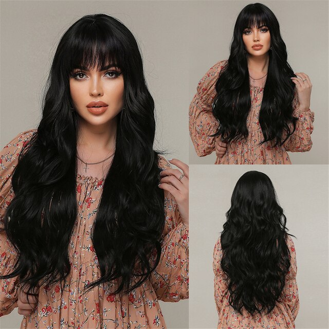 Dark Ombre Wine Red Brown Synthetic Long Wavy Wigs with Bangs