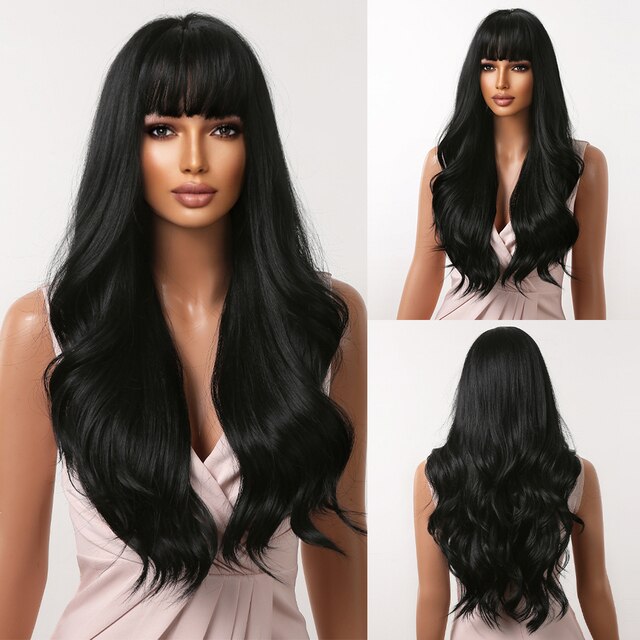 Dark Ombre Wine Red Brown Synthetic Long Wavy Wigs with Bangs