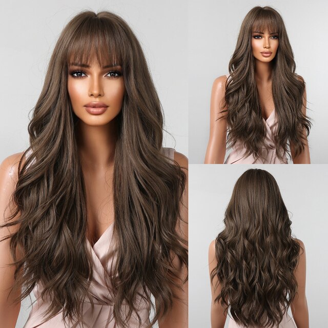 Dark Ombre Wine Red Brown Synthetic Long Wavy Wigs with Bangs