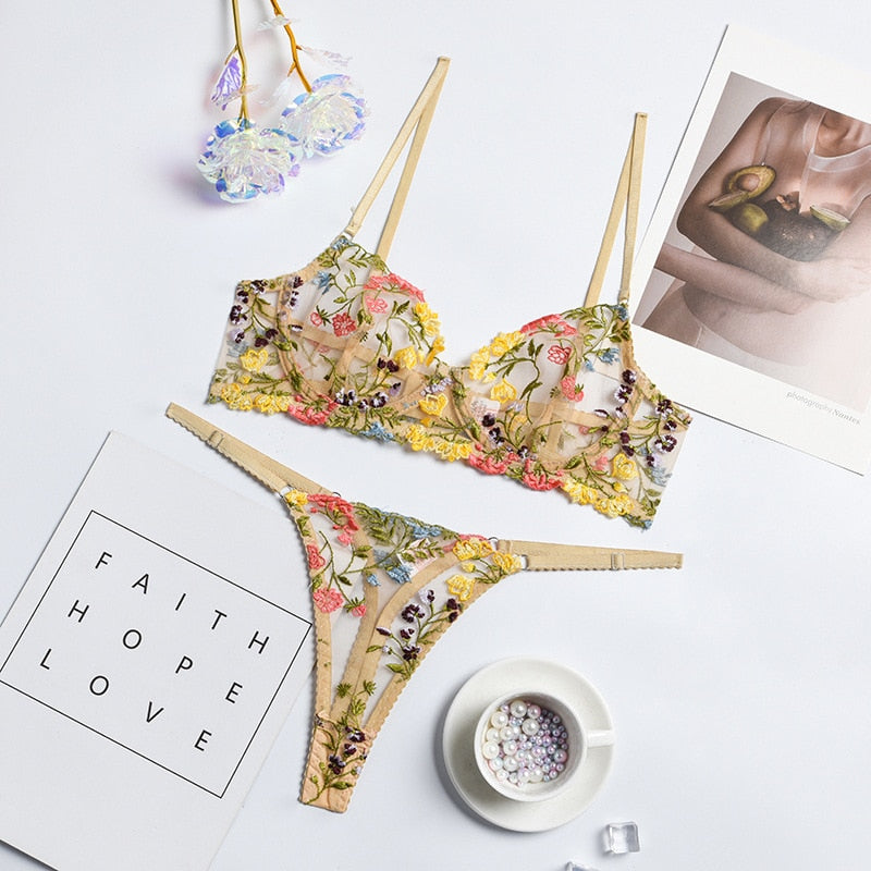2-Piece Lace Bra Set Women Floral Embroidery Underwear Set Transparent Khaki Panty Set
