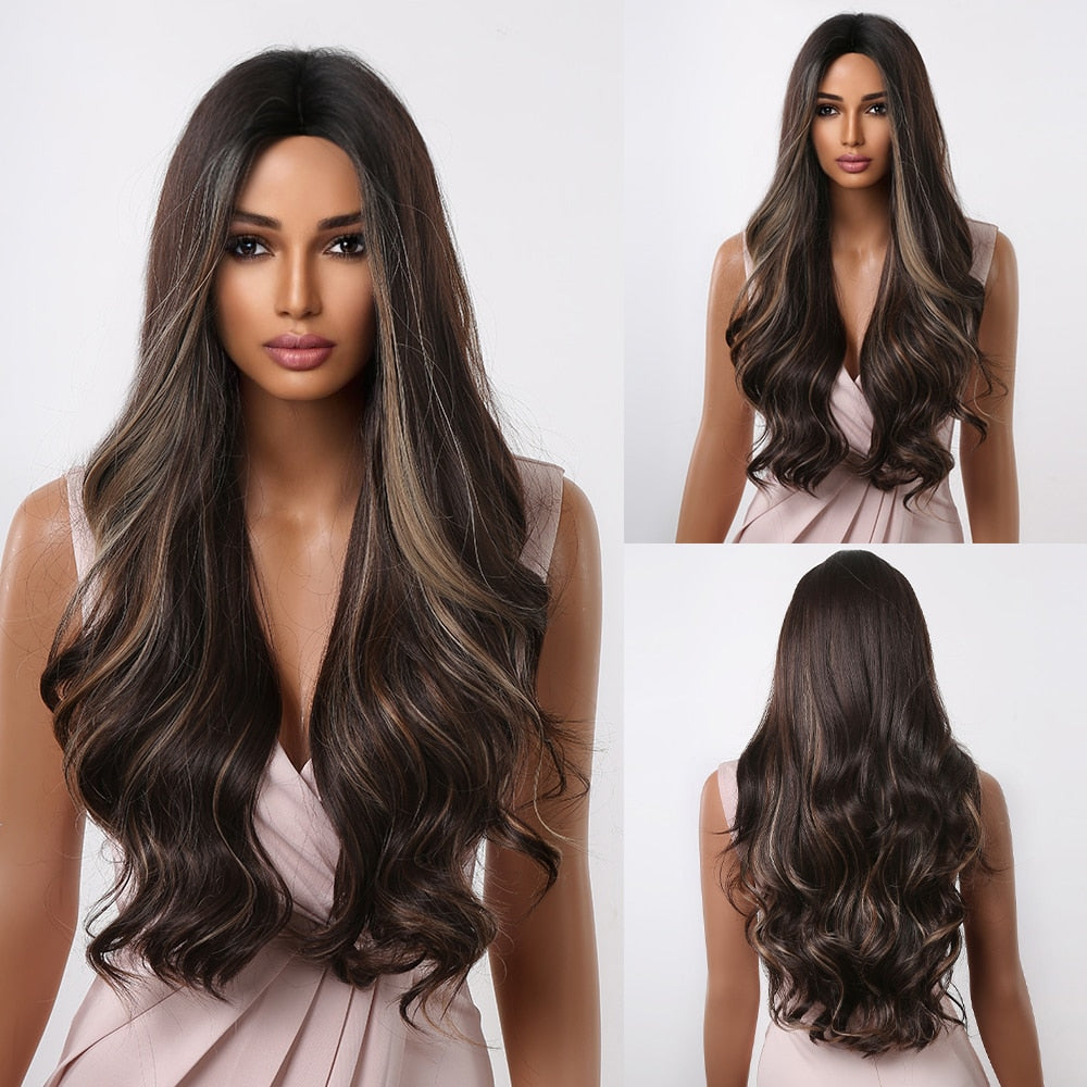 Brown Long Curly Wavy Synthetic Wigs with Blonde Highlights