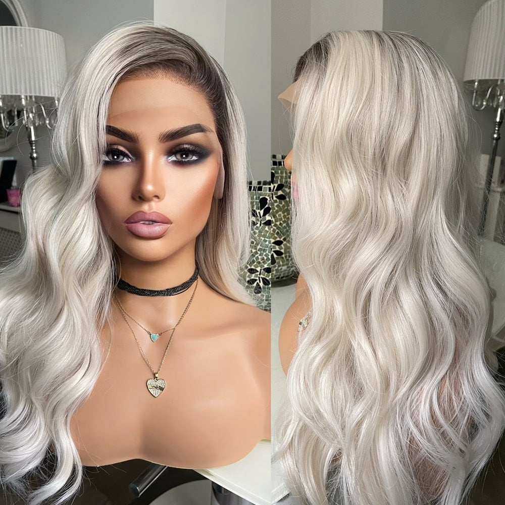 Platinum White Long Straight Lace Front Synthetic Wig 13x3 Lace Frontal Wigs Pre Plucked with Baby Hair