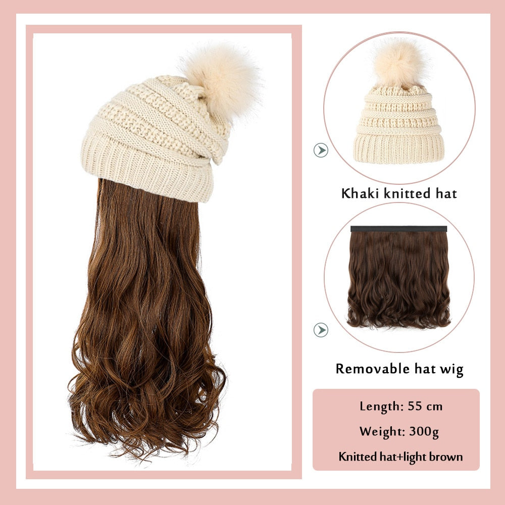 Black White Baseball Cap with Wig Long Straight Hair Curly Hair Hat Wig