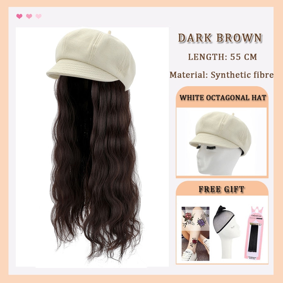 Black White Baseball Cap with Wig Long Straight Hair Curly Hair Hat Wig