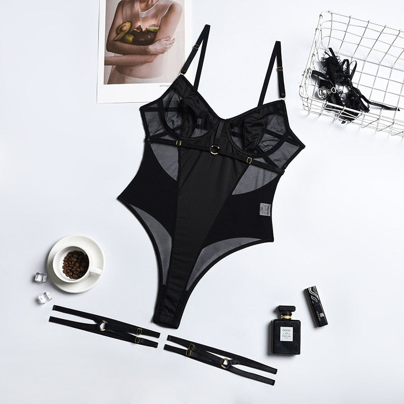 One-piece Backless Bodysuit Women Black Mesh Patchwork Sexy Bodysuit Clubwear Body Femme