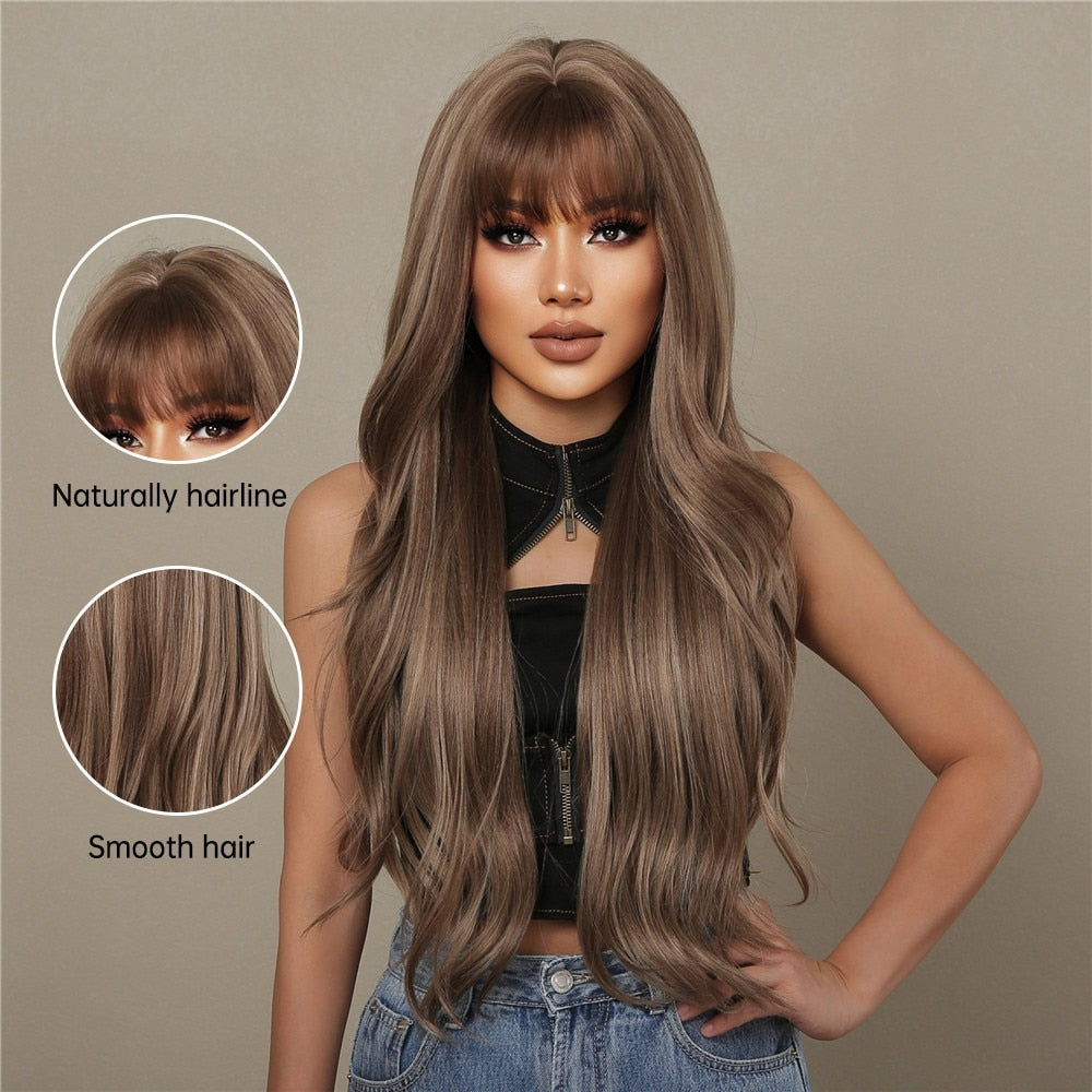 Long Wavy Brown Blonde Highlight Synthetic Wigs with Bang