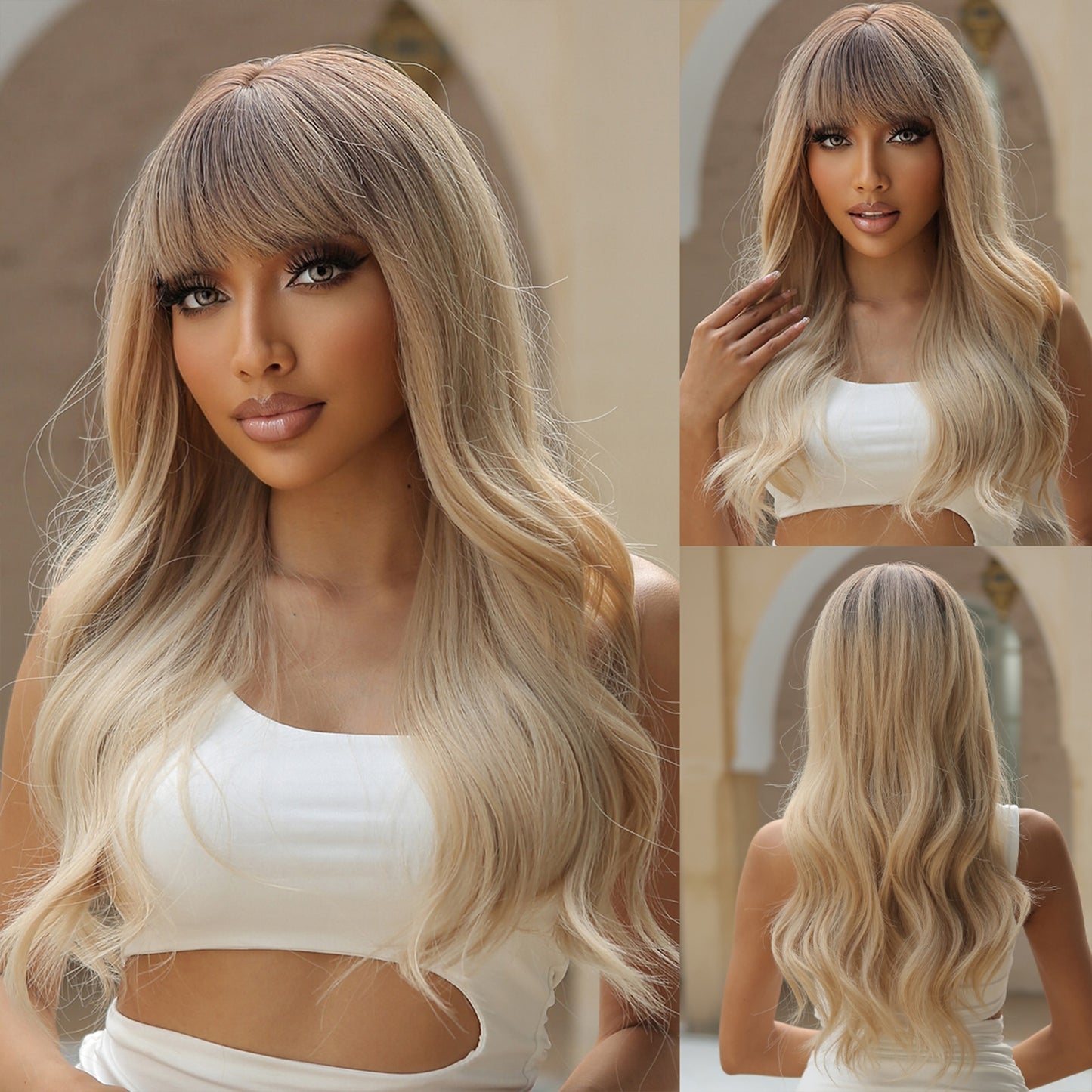 Platinum Blonde Synthetic Curly Long Wavy Wig with Bangs