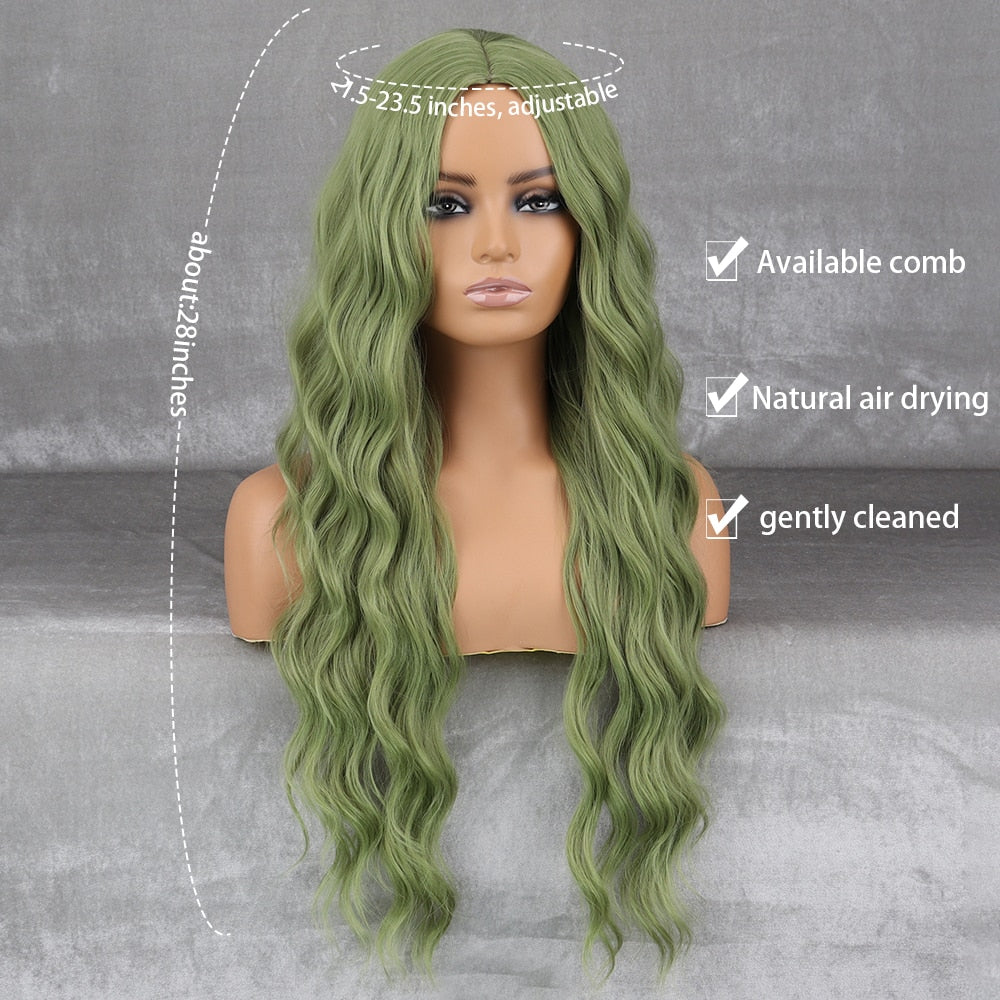 Long Wavy Green Synthetic Wig Cosplay Party Wig