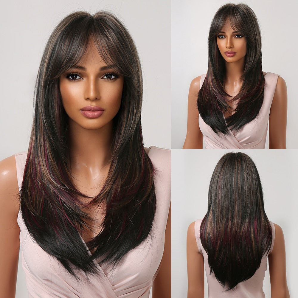 Pink Brown Ombre Straight Medium Lenght Synthetic Wigs