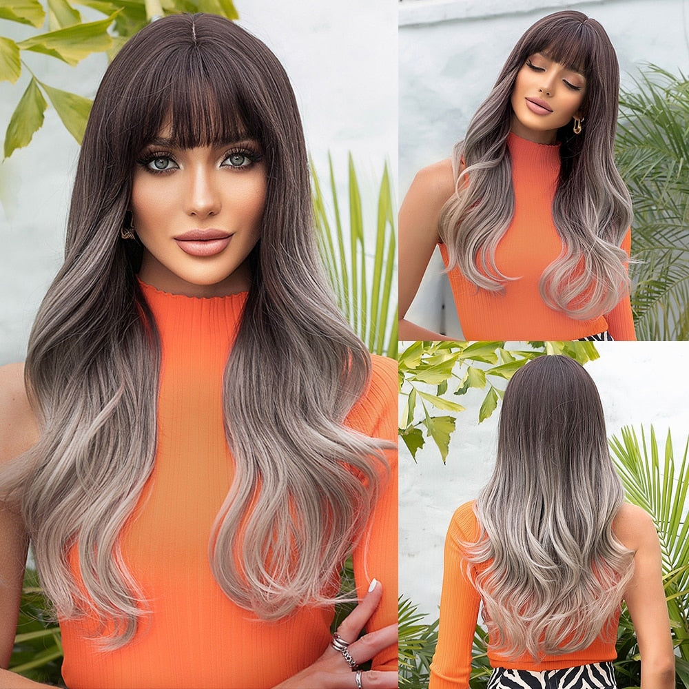 Long Wavy Brown Blonde Highlight Synthetic Wigs with Bang