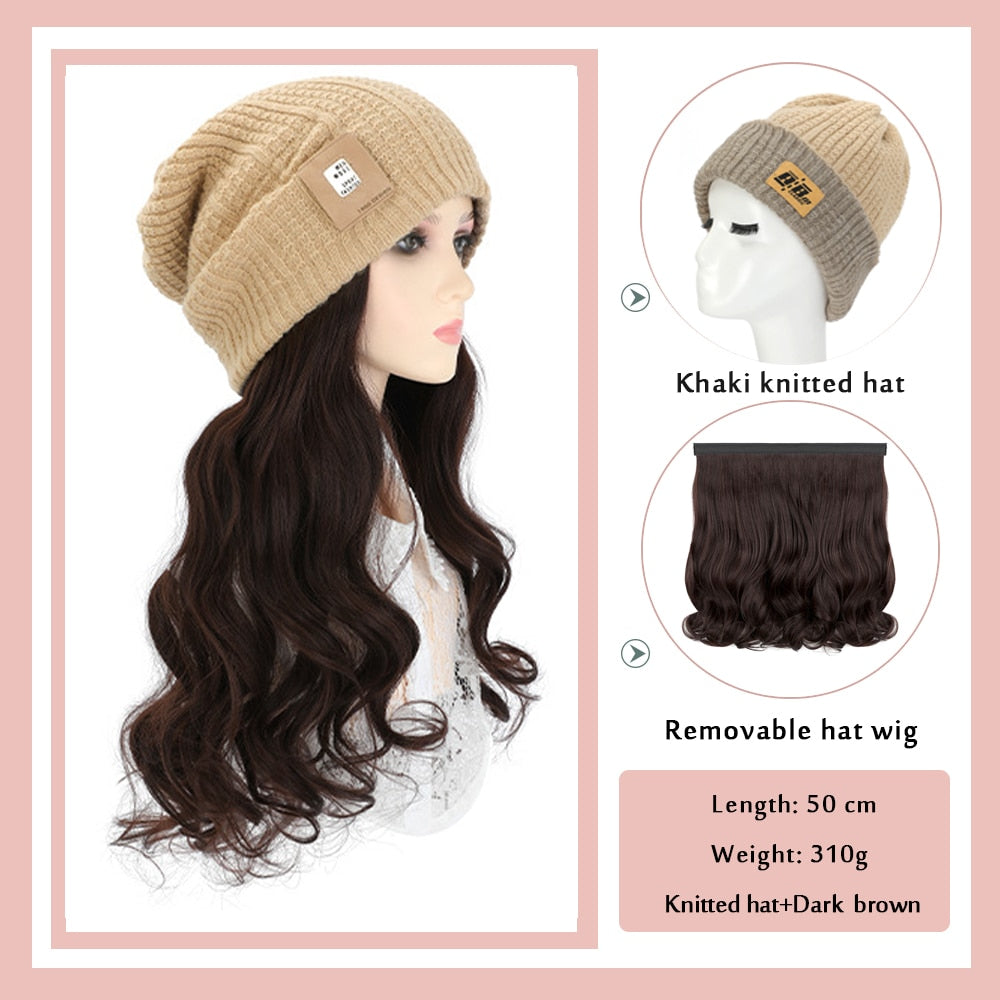 Black White Baseball Cap with Wig Long Straight Hair Curly Hair Hat Wig