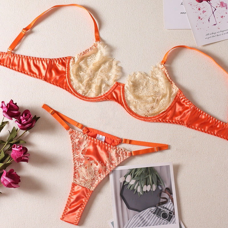 2-Piece Contrast Colors Lace Lingerie Set Women Transparent Underwear Set 4 Colors Brief Kit