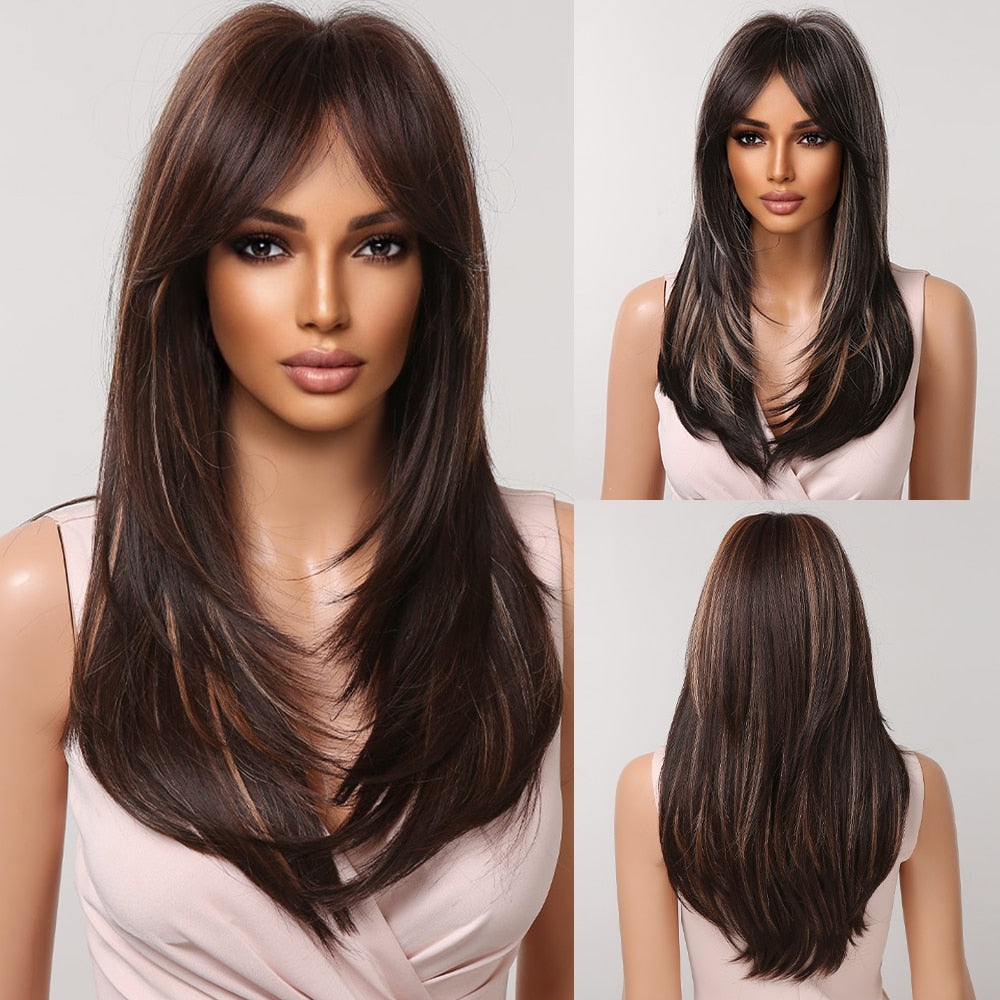 Pink Brown Ombre Straight Medium Lenght Synthetic Wigs