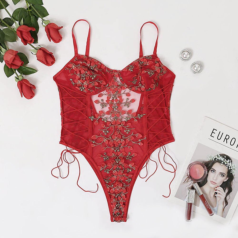Floral Embroidery Lace Bodysuit Women 15 Colors String Lace Up Fancy Sexy Bodysuit Body Femme