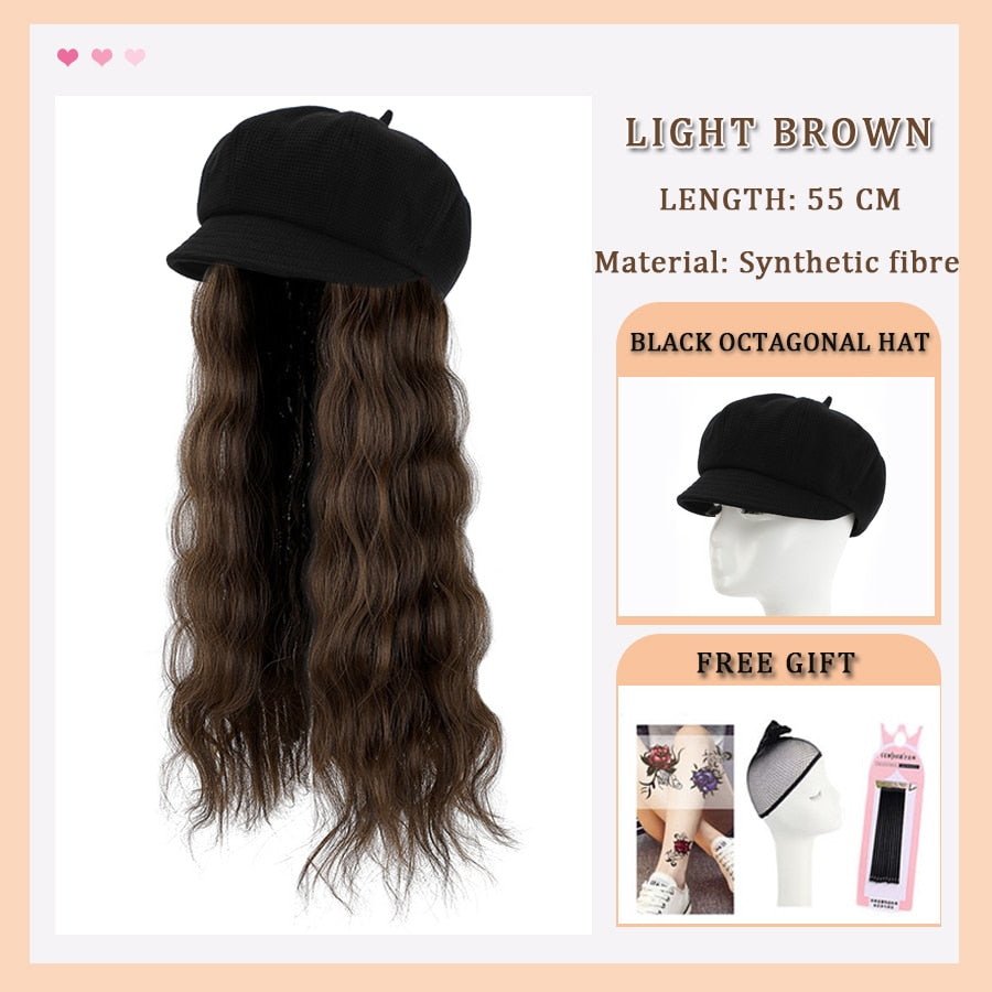 Black White Baseball Cap with Wig Long Straight Hair Curly Hair Hat Wig