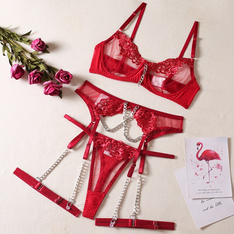 3-Piece Embroidery Lingerie Set Women 3 Colors Sexy Erotic Set Fancy Chain Luxury Garter Kit