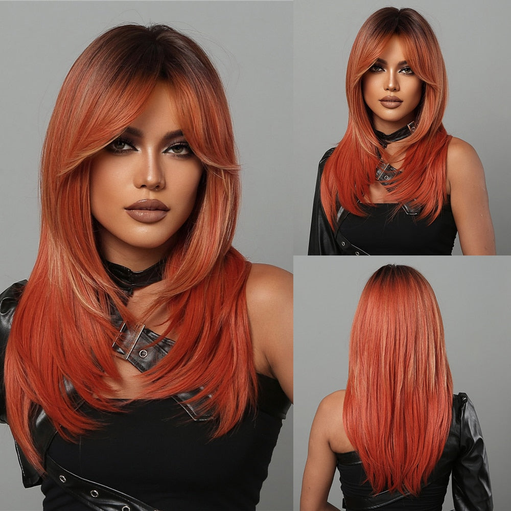 Medium Length Brown Highlight Layered Synthetic Wigs Natural Straight Hairs Wig