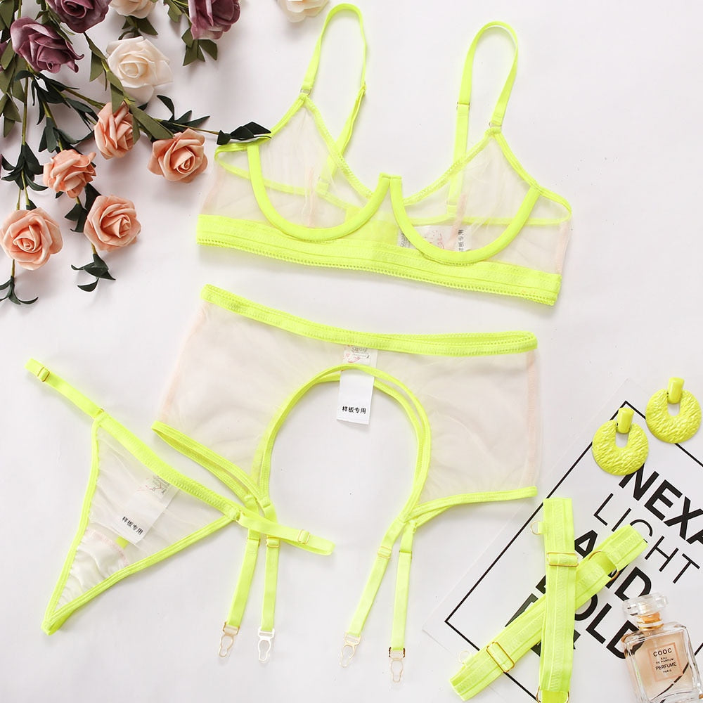 3-Piece Neon Color Mesh Lingerie Set Women 8 Colors Transprent Sexy Exotic Set Thong Garter Kit