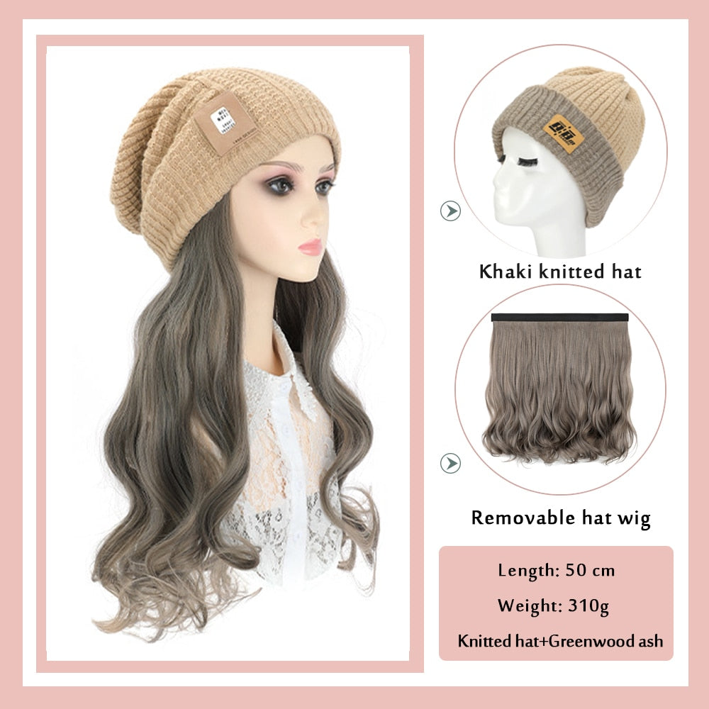 Black White Baseball Cap with Wig Long Straight Hair Curly Hair Hat Wig