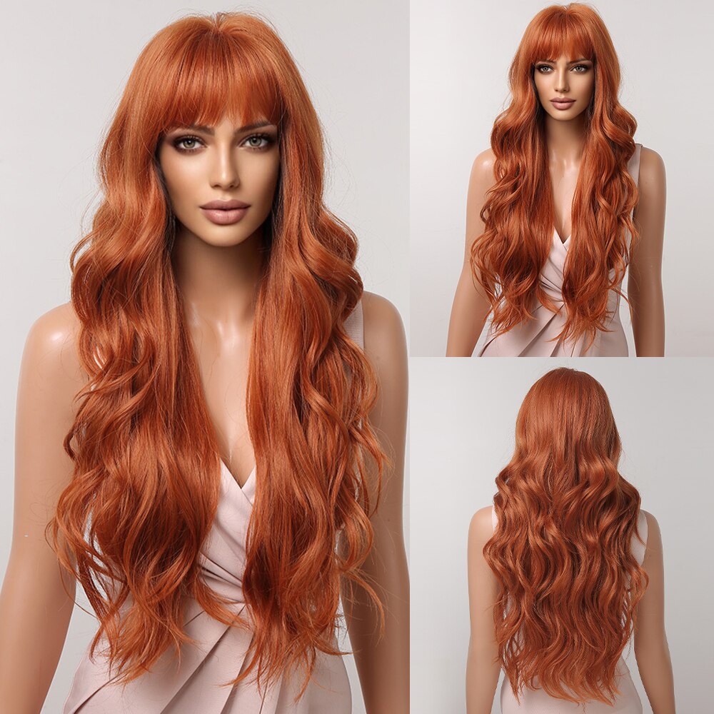 Long Wavy Brown Blonde Highlight Synthetic Wigs with Bang