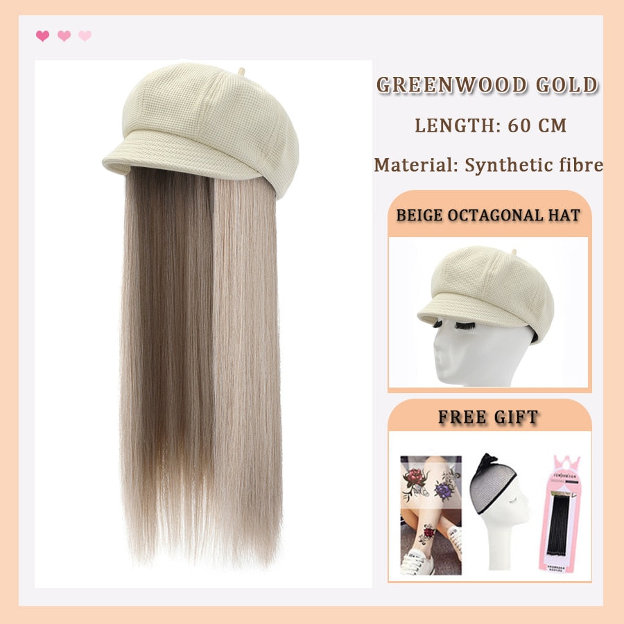 Black White Baseball Cap with Wig Long Straight Hair Curly Hair Hat Wig
