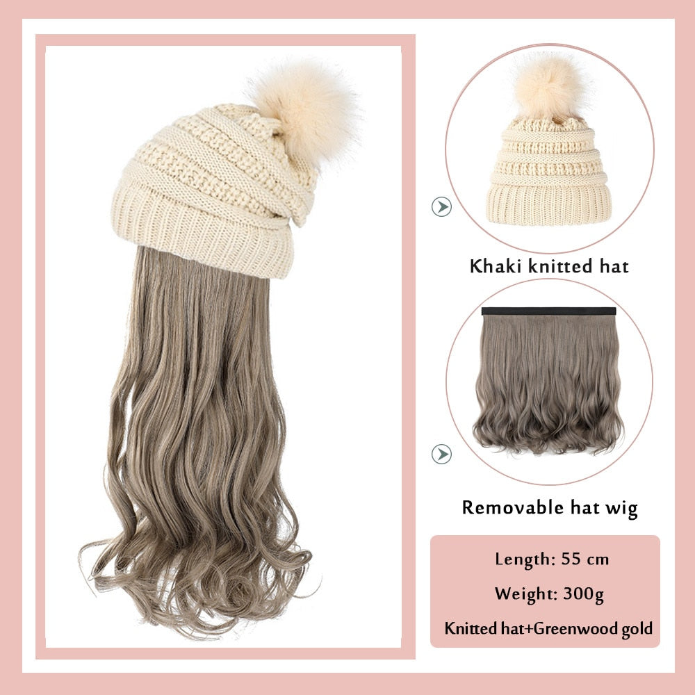 Black White Baseball Cap with Wig Long Straight Hair Curly Hair Hat Wig