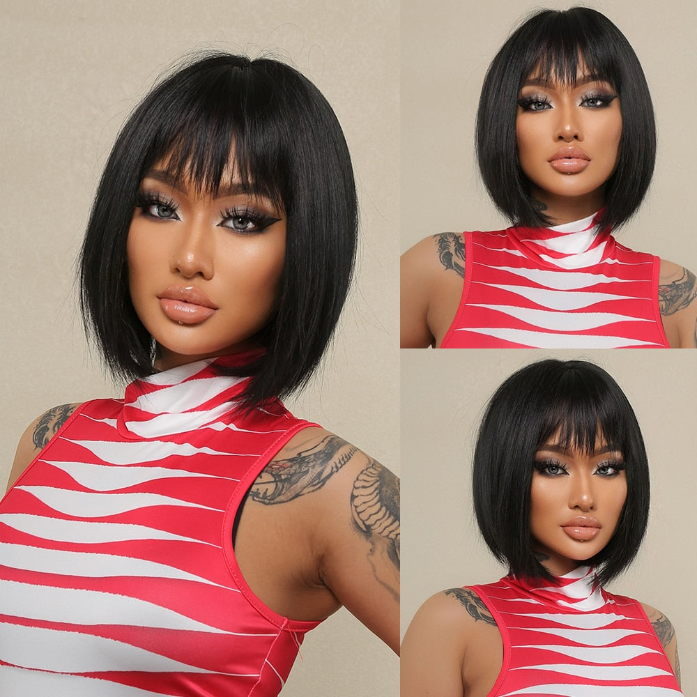 Orange Ombre Brown Short Straight Synthetic Wigs with Bangs