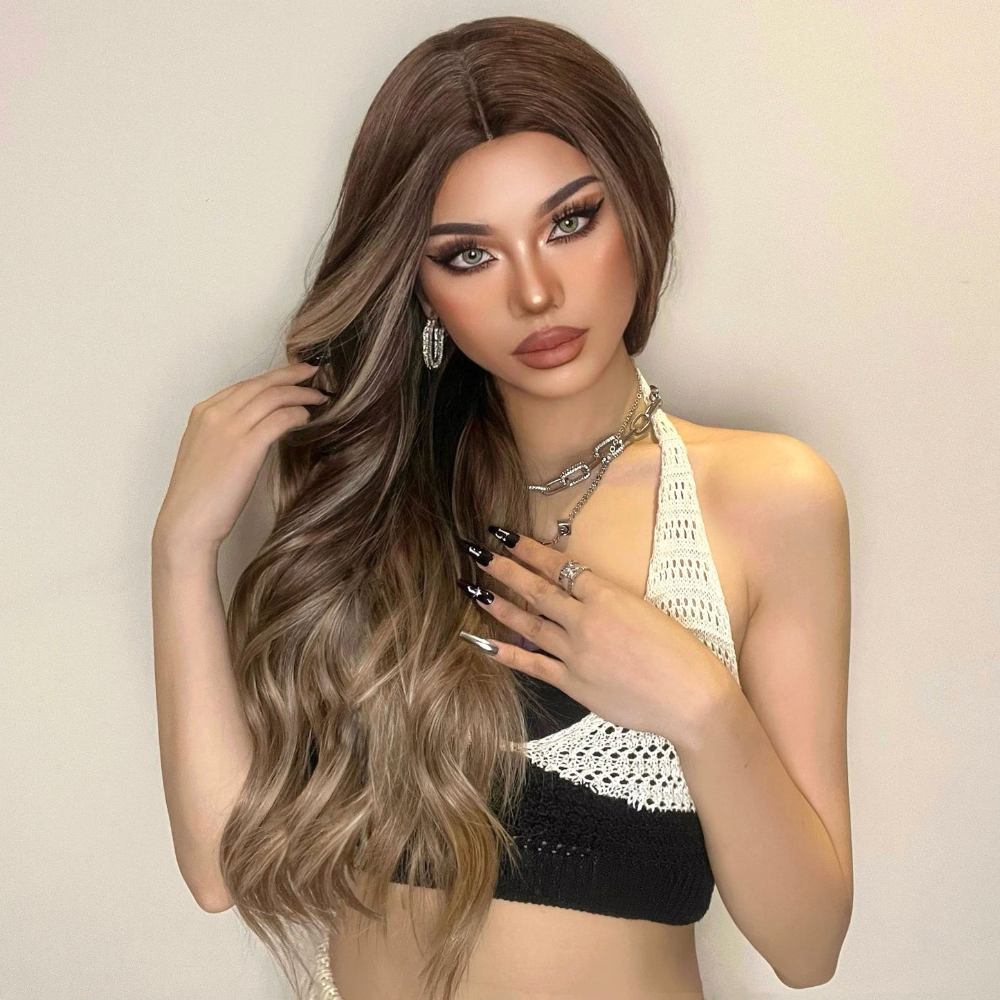 Natural Long Wavy Ombre Brown Blonde Highlight Synthetic Wigs