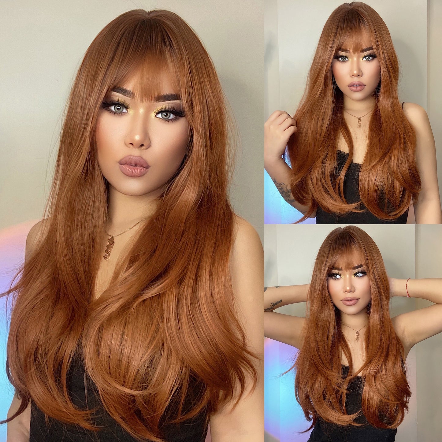 Long Black Wavy Synthetic Wigs with Bangs