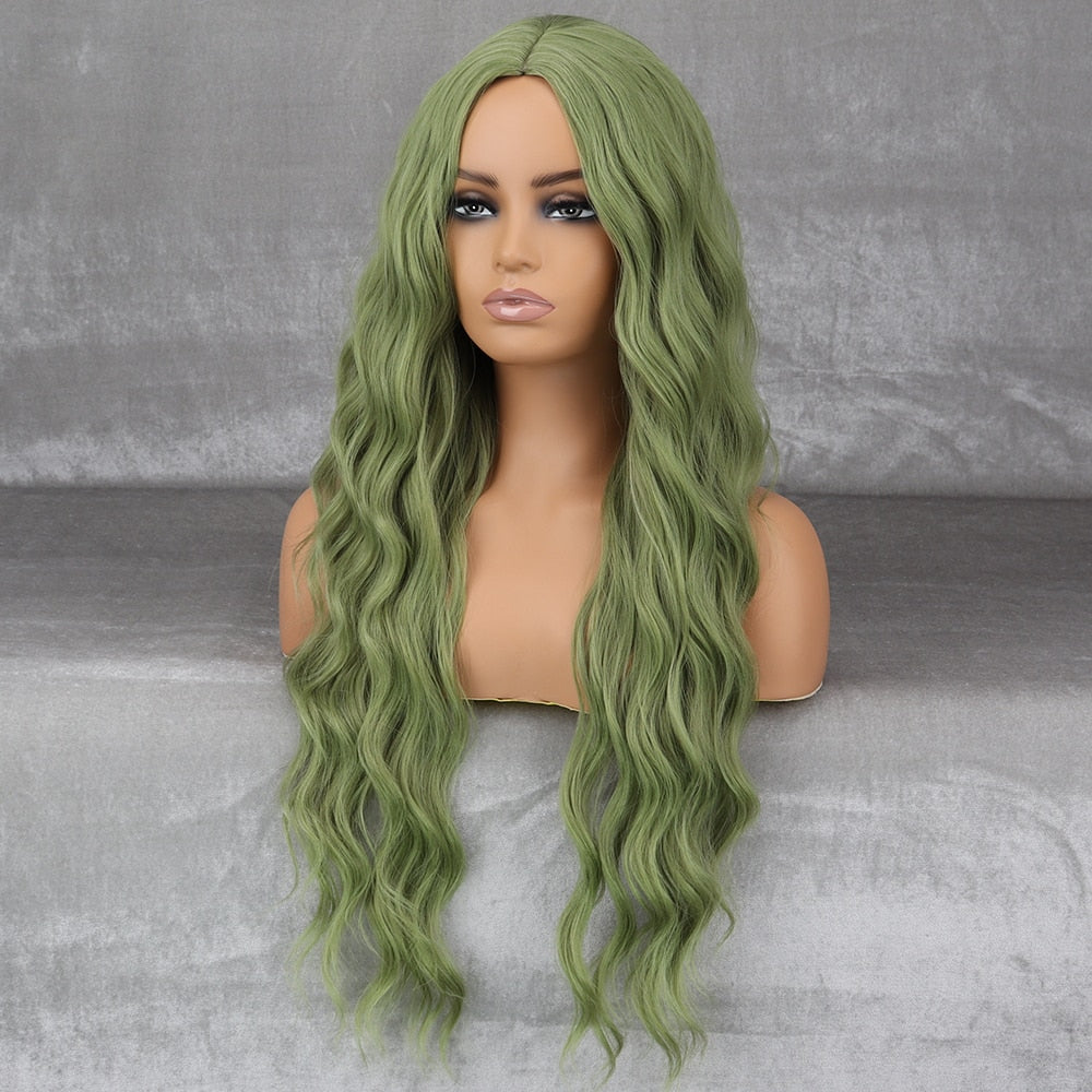 Long Wavy Green Synthetic Wig Cosplay Party Wig