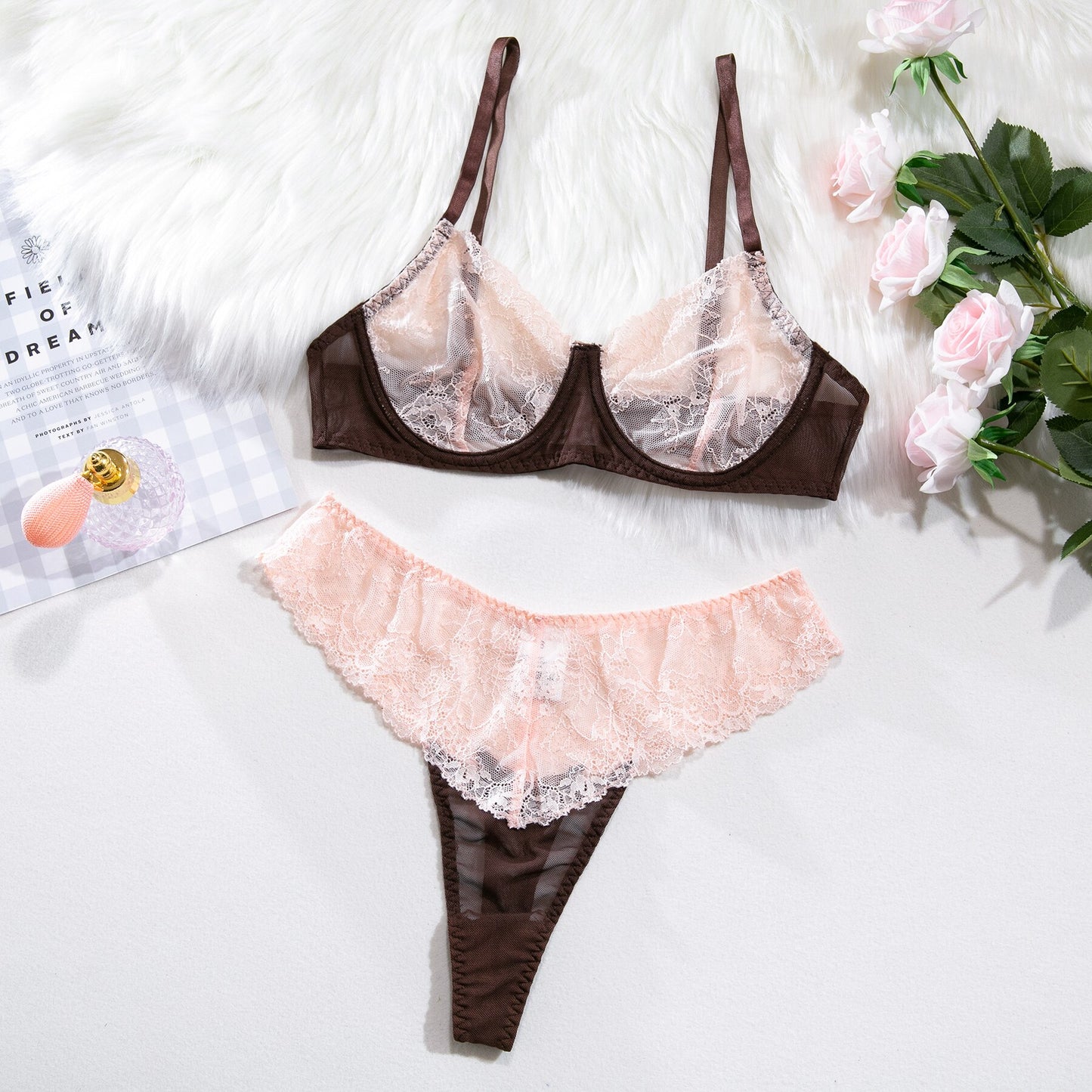 2-Piece Lace Bra Set Women Contrast Color Transparent Vintage Erotic Set Patchwork Breif Kit