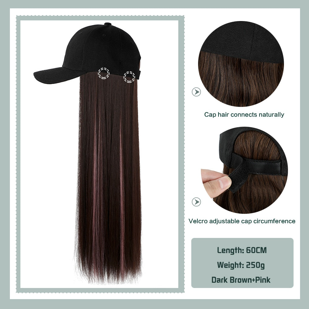 Black White Baseball Cap with Wig Long Straight Hair Curly Hair Hat Wig