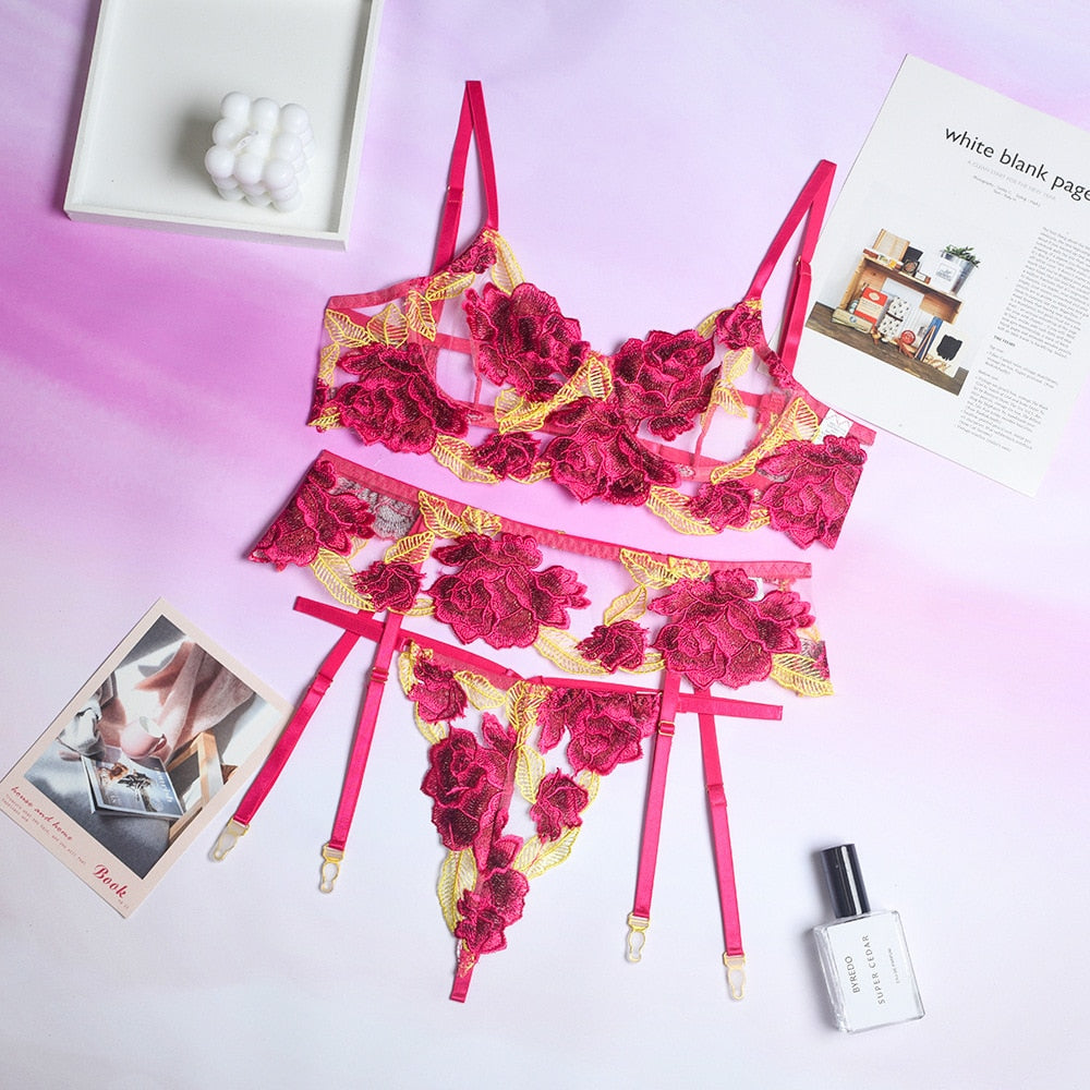 3-Piece Embroidery Lace Bra Set Women Floral Bra Underwire + Thong Underwear Set Sexy Lingerie Set