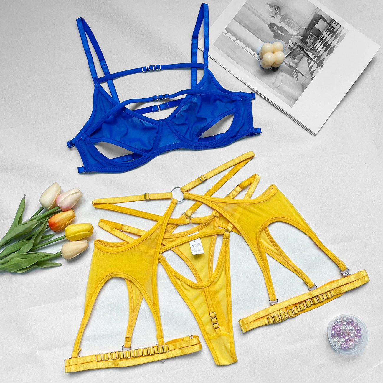 3-Piece Contrast Color Exotic Set Women Cross Sexy Lingerie Set Bandage Fancy Garter Cut Out Breif Kit