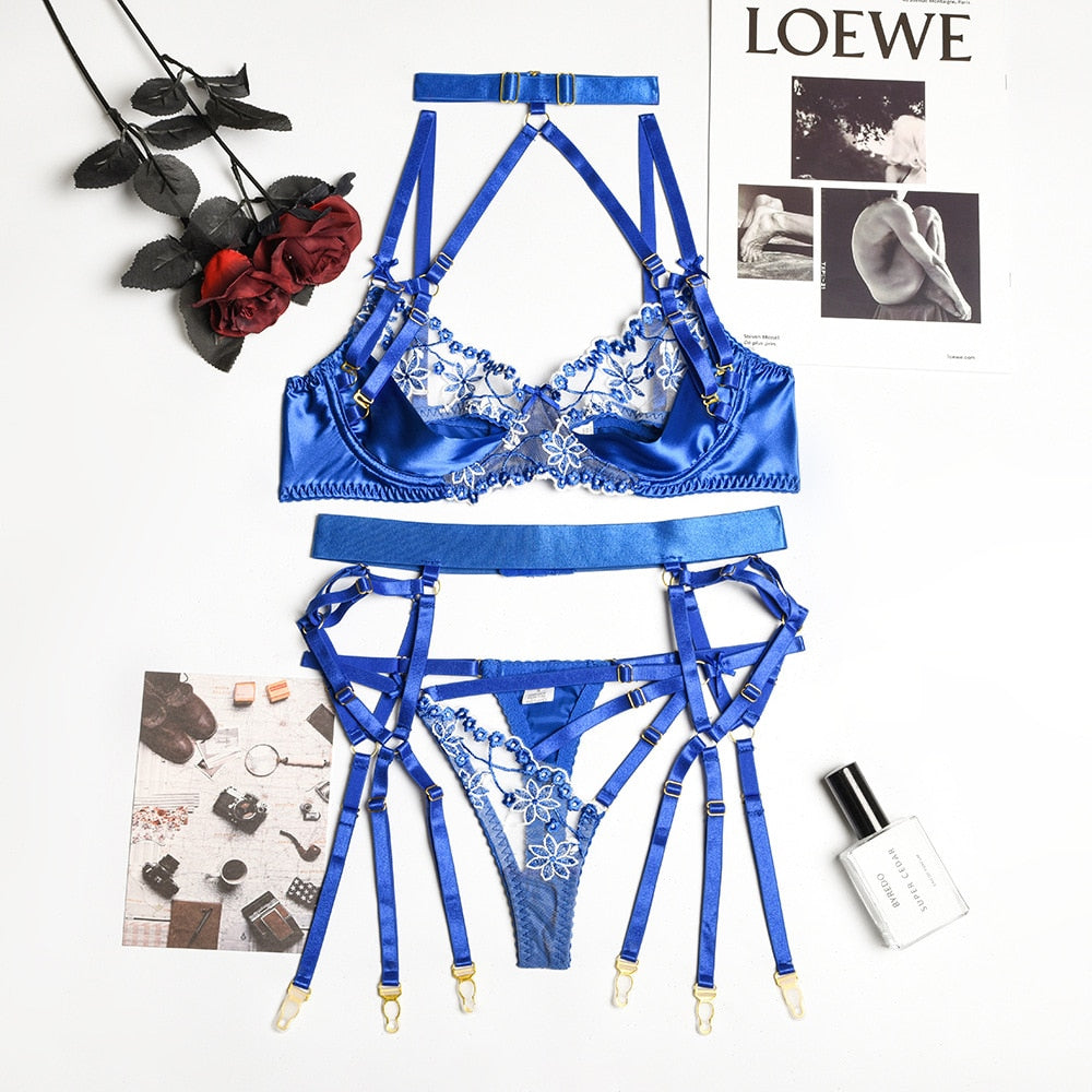 3-Piece Lace Lingerie Set Women Cut Out 5 Colors Embroidery Floral Erotic Set Pink Bandage Sexy Brief Kit