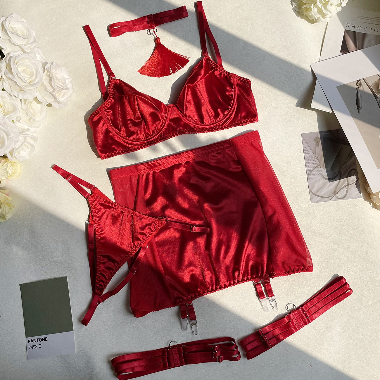 Choker Tassel Sexy Lingerie Set Women 5-Piece Club Brief Underwear Set Garter Kit